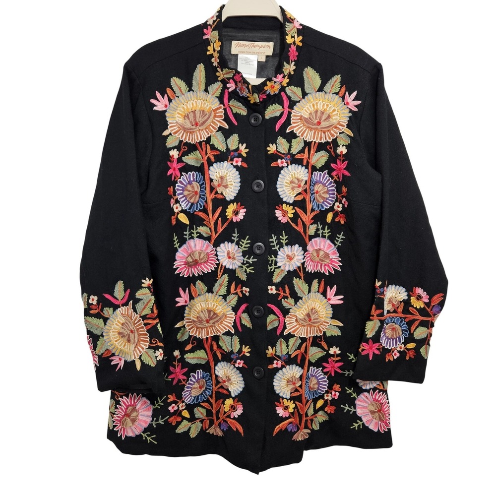 Vintage Norm Thompson Wool Embroidered Jacket 90s Y2K Womens Art to Wear Black L